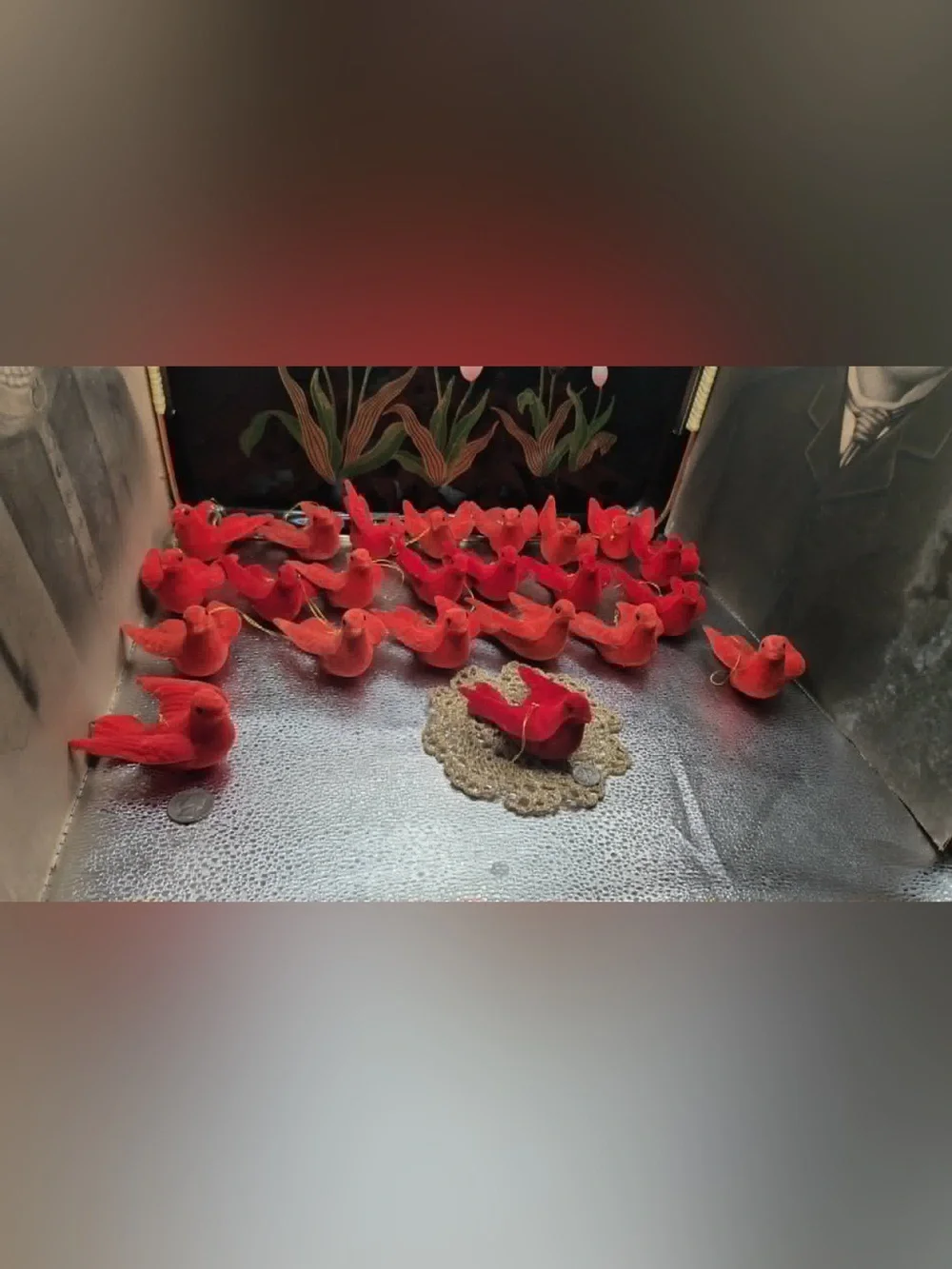 MCM Vintage Christmas Tree Ornaments Set 11 Flocked Red Felt Doves / Cardinals